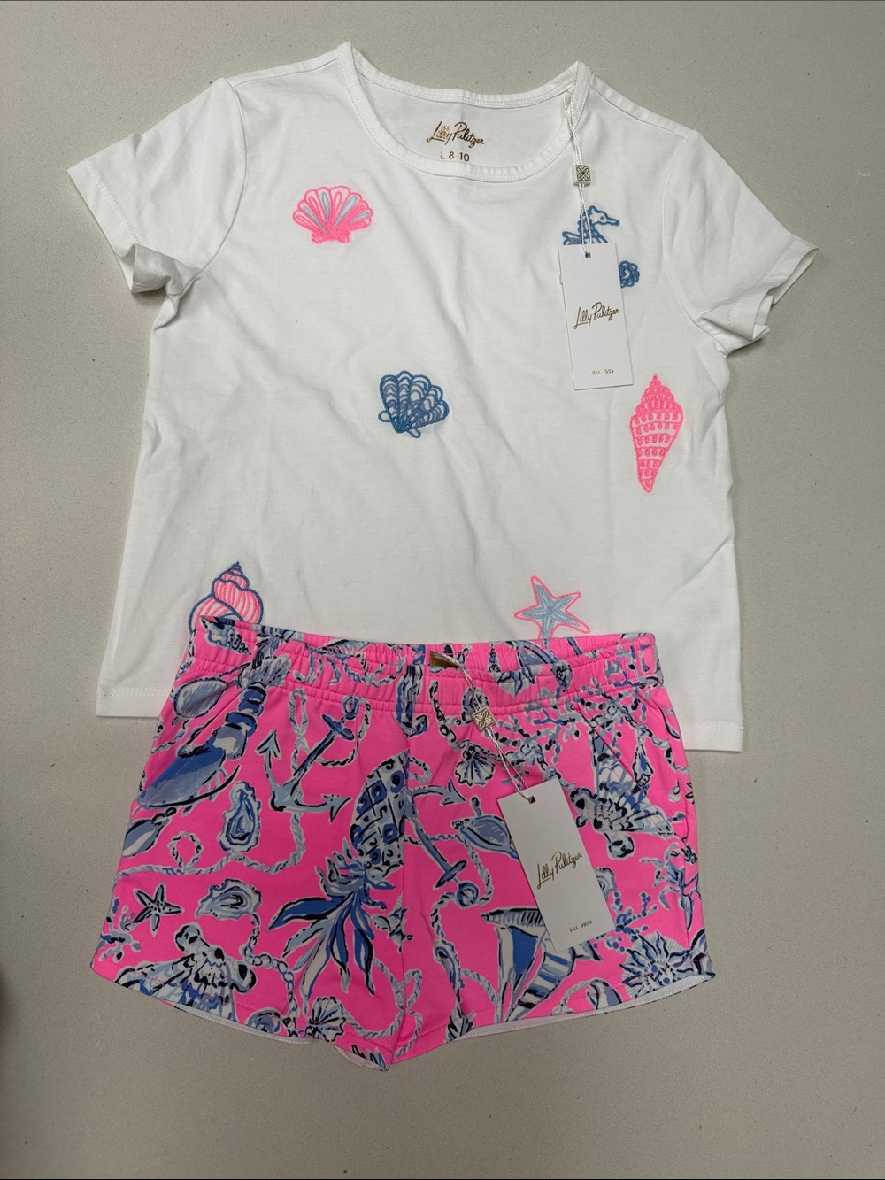 Lilly Pulitzer White Tee & Hot Pink Nautical Print Athletic Shorts